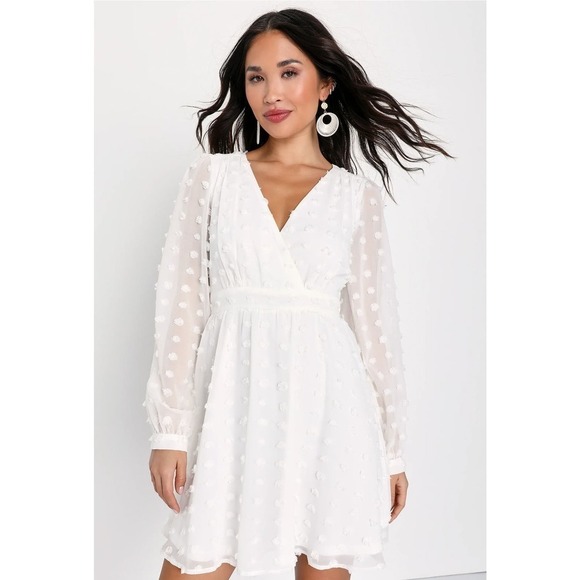 Lulus-Always On Repeat White Clip Dot Long Sleeve Mini Dress - Picture 1 of 3